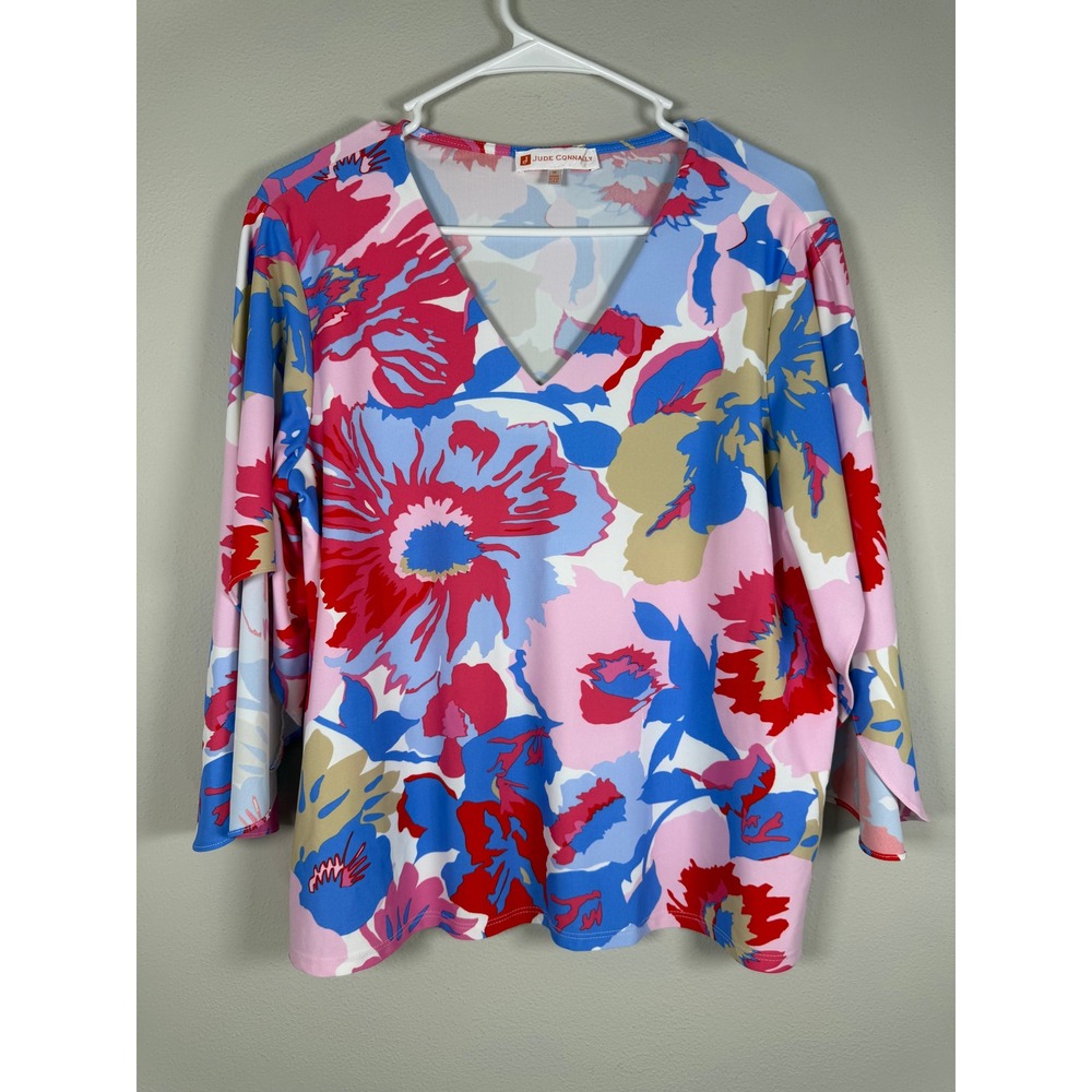 Jude Connally Daniella Top Women Size M Floral Pink Blue 3/4 Tulip Sleeve